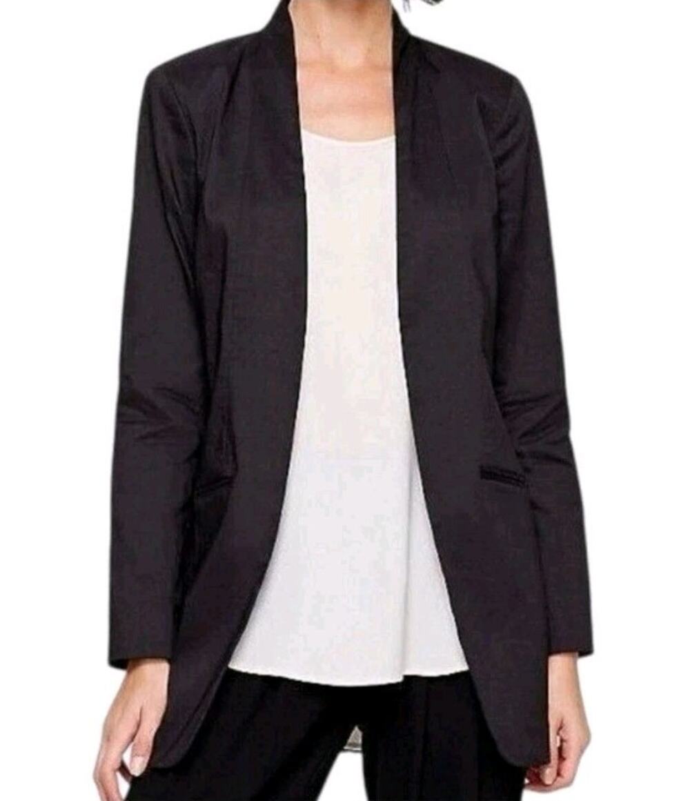 Eileen Fisher Polished Ramie Stretch Silk Blend Longline Black Jacket Blazer 8